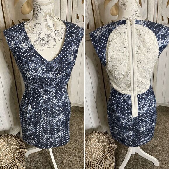 Alberto Makali Denim Polka Dot Lace Back Midi Summer Dress Size 6 - Picture 1 of 9